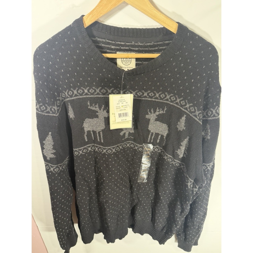 Field And Stream Sweater Mens XXL Black Deer Pattern Crewneck NWT Outdoors